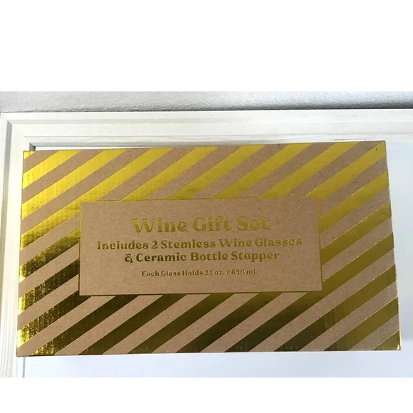 Melwood 2 Stemless Wine Glasses & Ceramic Bottle stopper Gift Set - Picture 2 of 6